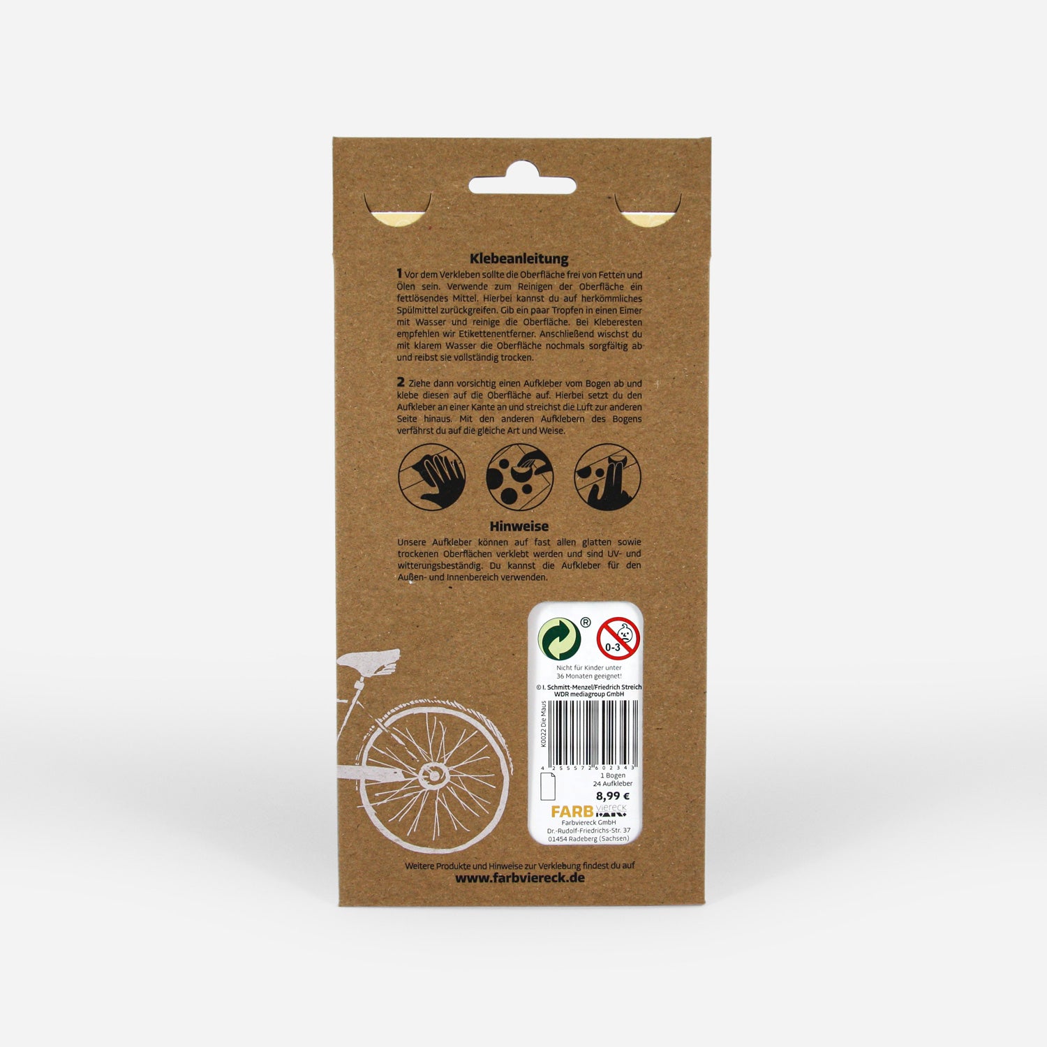 Rückseite der Fahrrad- und Helmaufkleber der Maus mit ihren Freunden