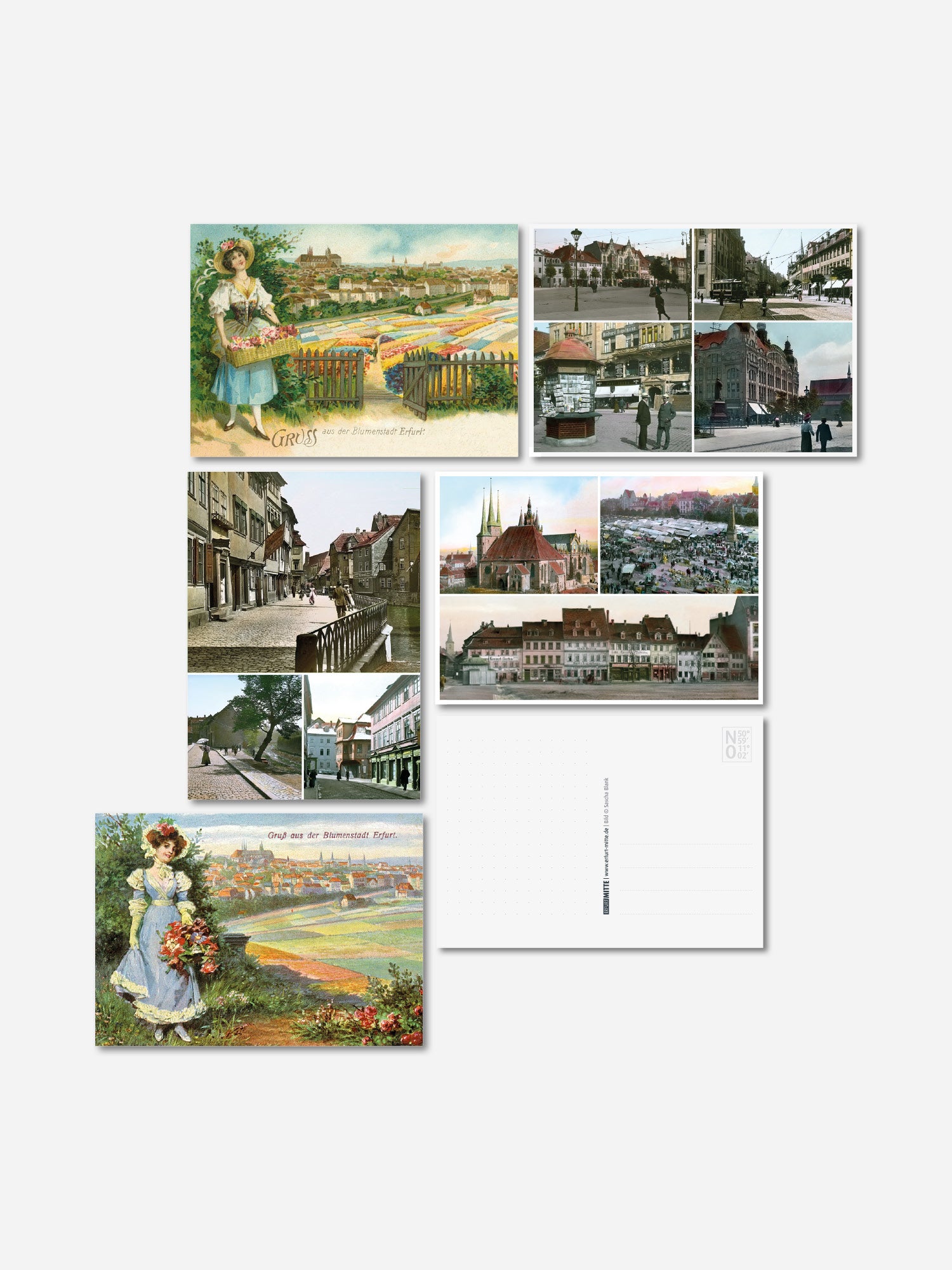 Postkarten Set mit historischen Stadtansichten aus Erfurt bestehend aus 5 Postkarten