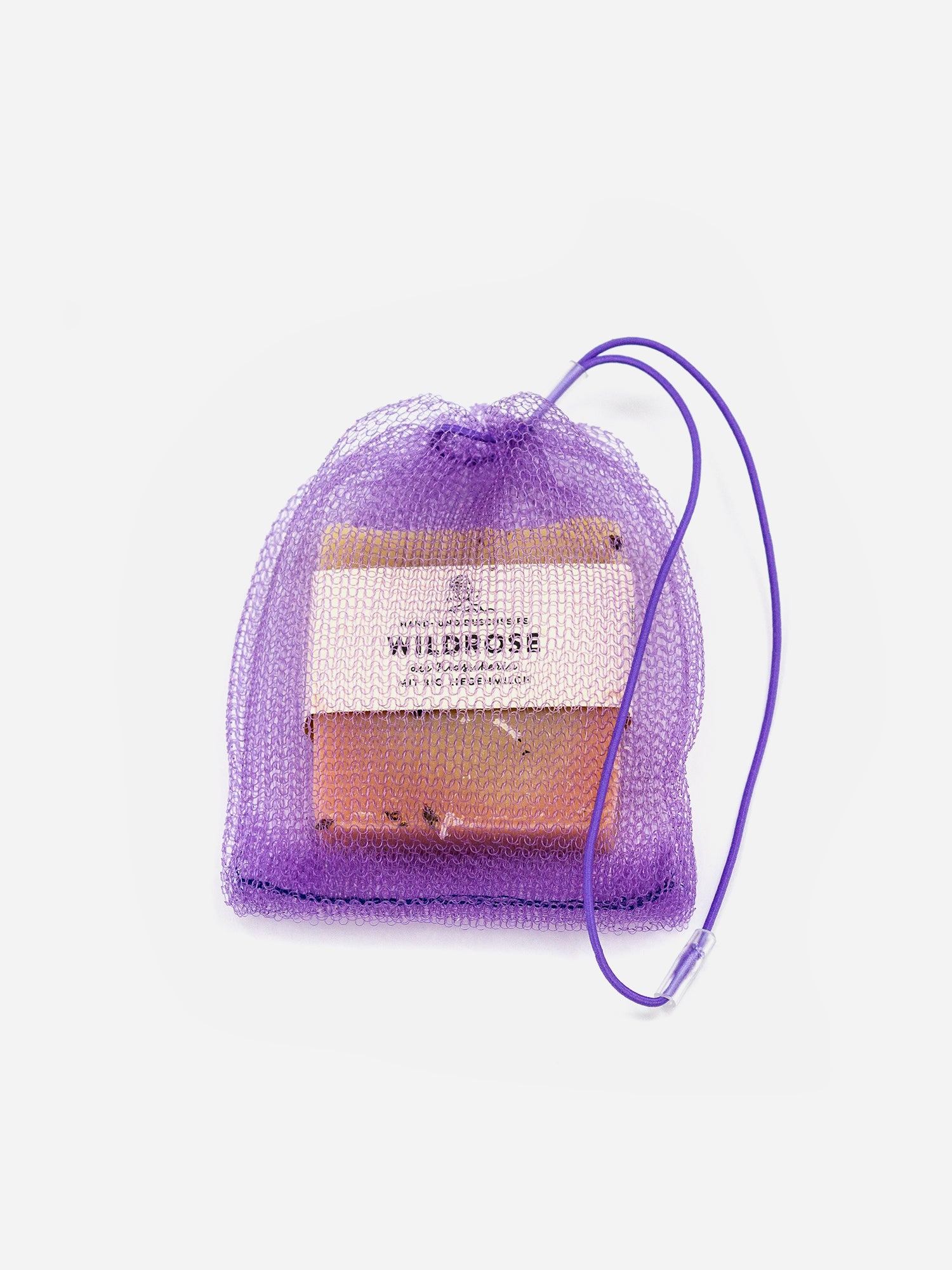 Seifensäckchen zur Aufbewahrung und Peeling lila mit Seife
