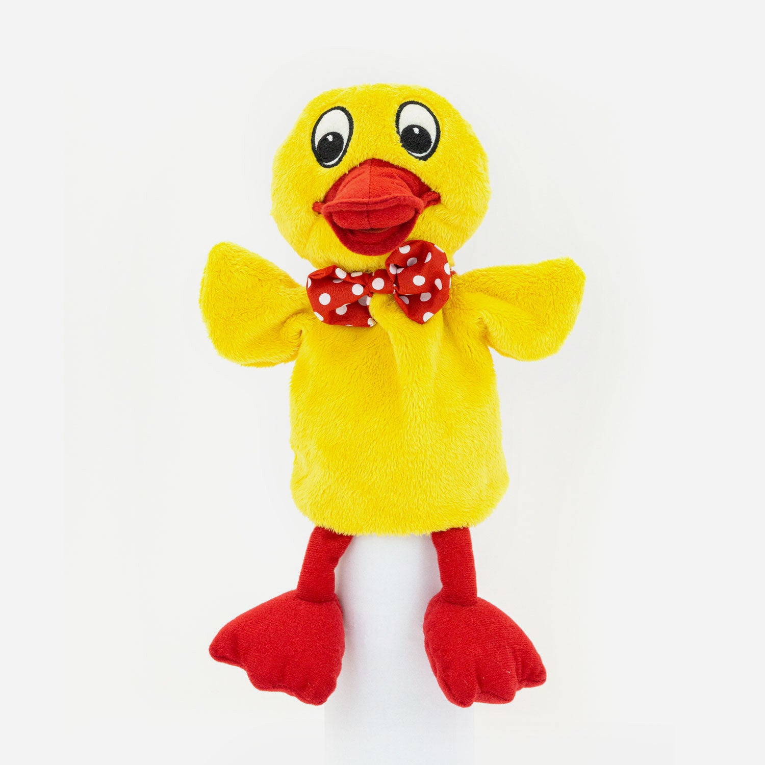 Handpuppe Schnatterinchen aus Plüsch mit getupfter Fliege Gesamtansicht