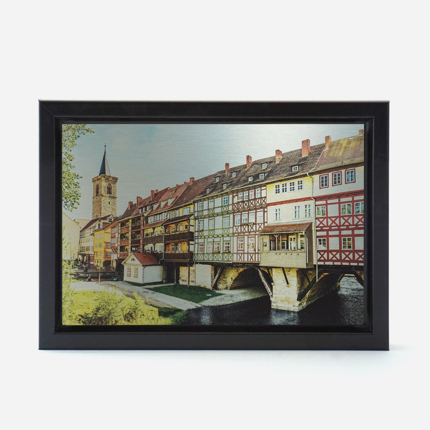Wandbild aus gebürstetem Metall Krämerbrücke bei Tag 13cm x 18cm in schwarzem Rahmen