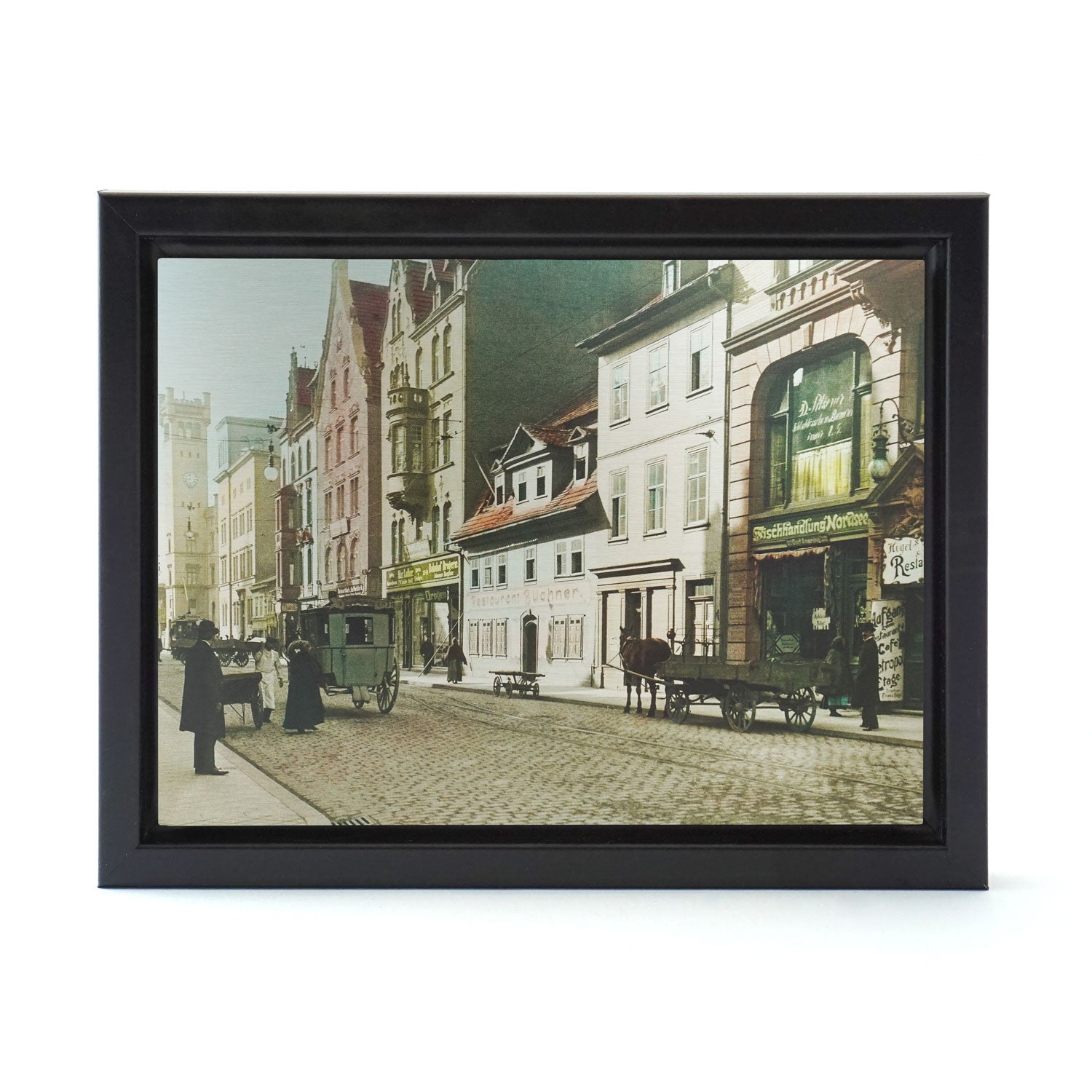 Wandbild aus Metall Historische Bahnhofstrasse Erfurt 30cm x 40cm mit schwarzem Rahmen