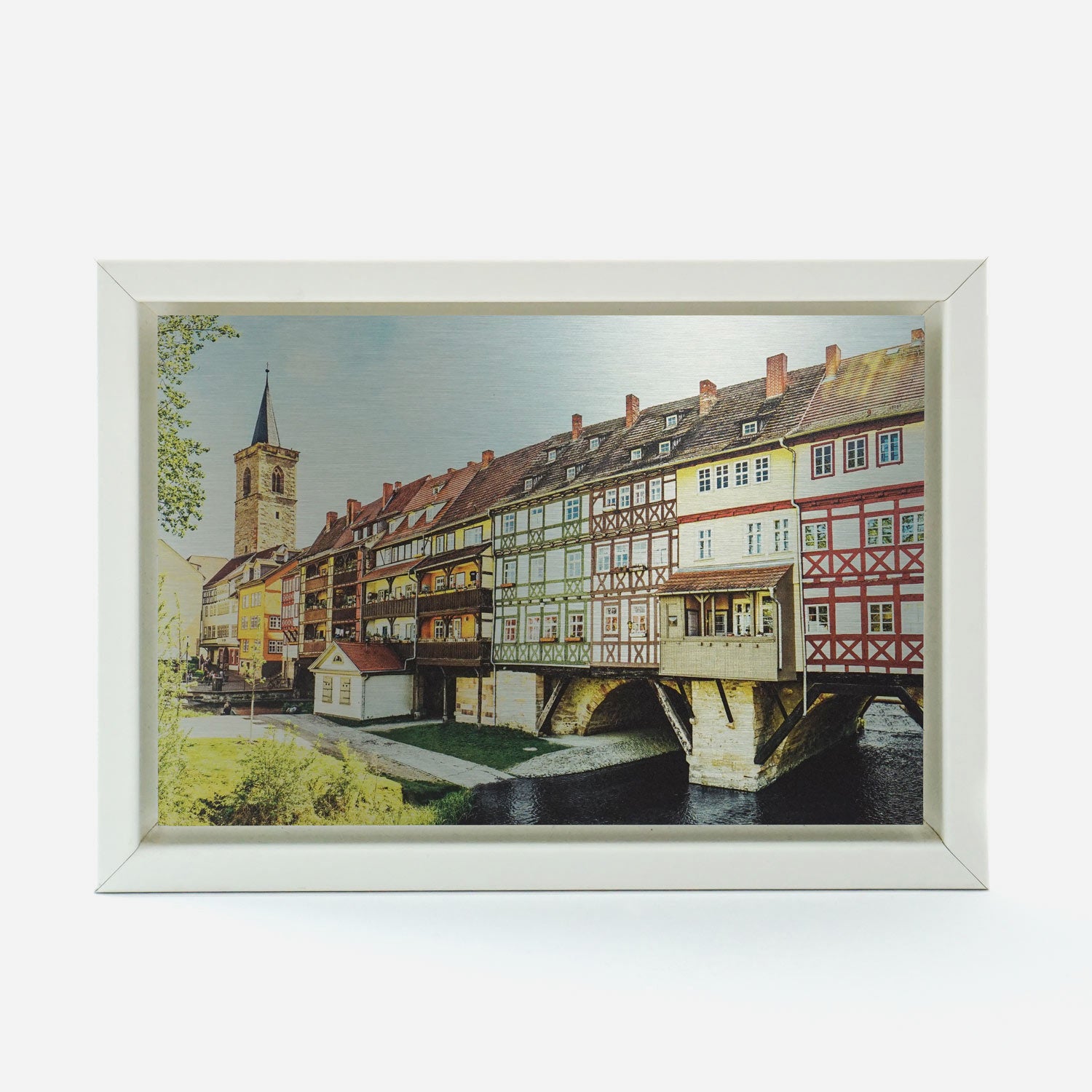 Metallwandbild Krämerbrücke bei Tag 13cm x 18cm in weißem Rahmen
