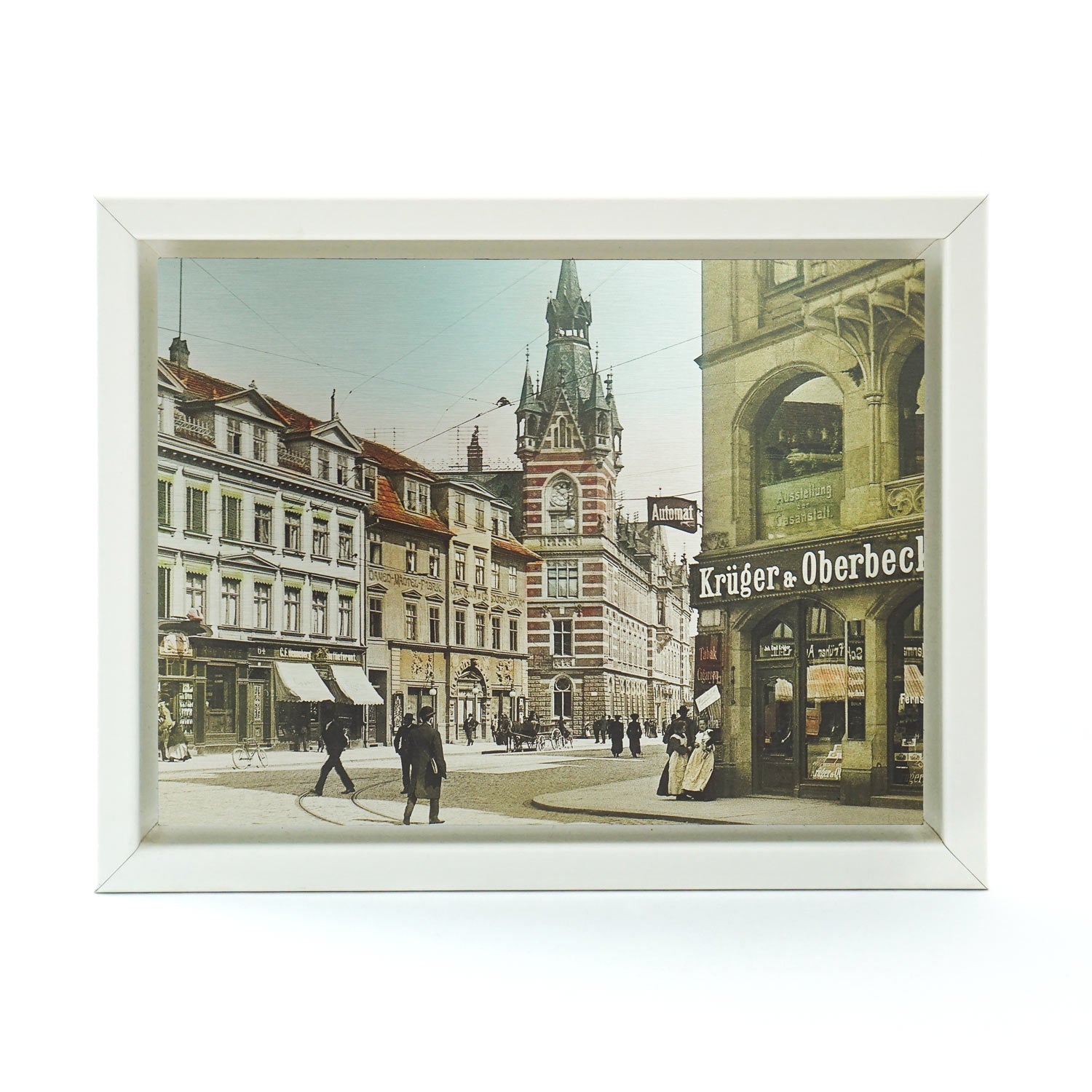 Historisches Wandbild aus gebürstetem Metall Anger Erfurt 20cm x 30 cm in weißem Rahmen