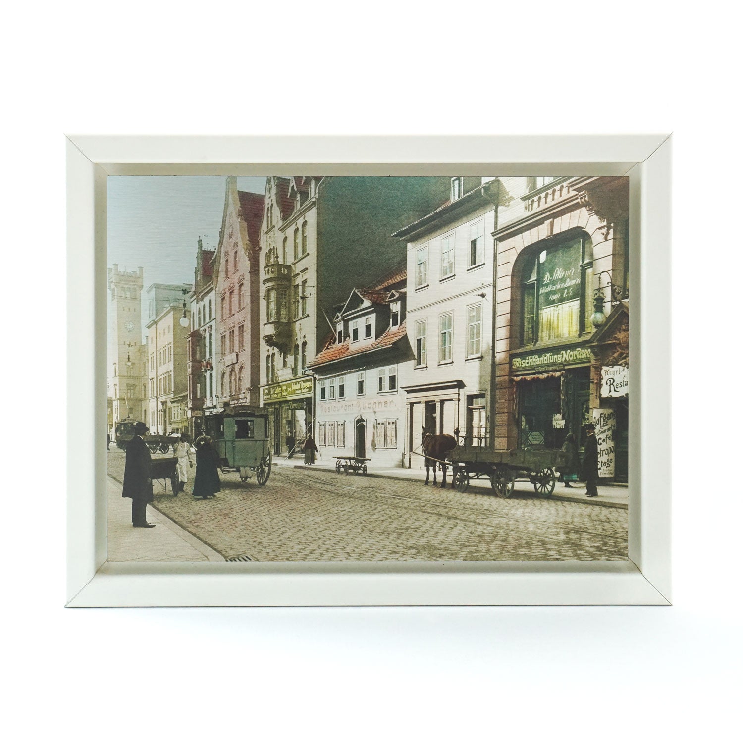 Historisches Wandbild aus Metall Bahnhofstrasse in Erfurt 30cm x 40cm mit weißem Rahmen