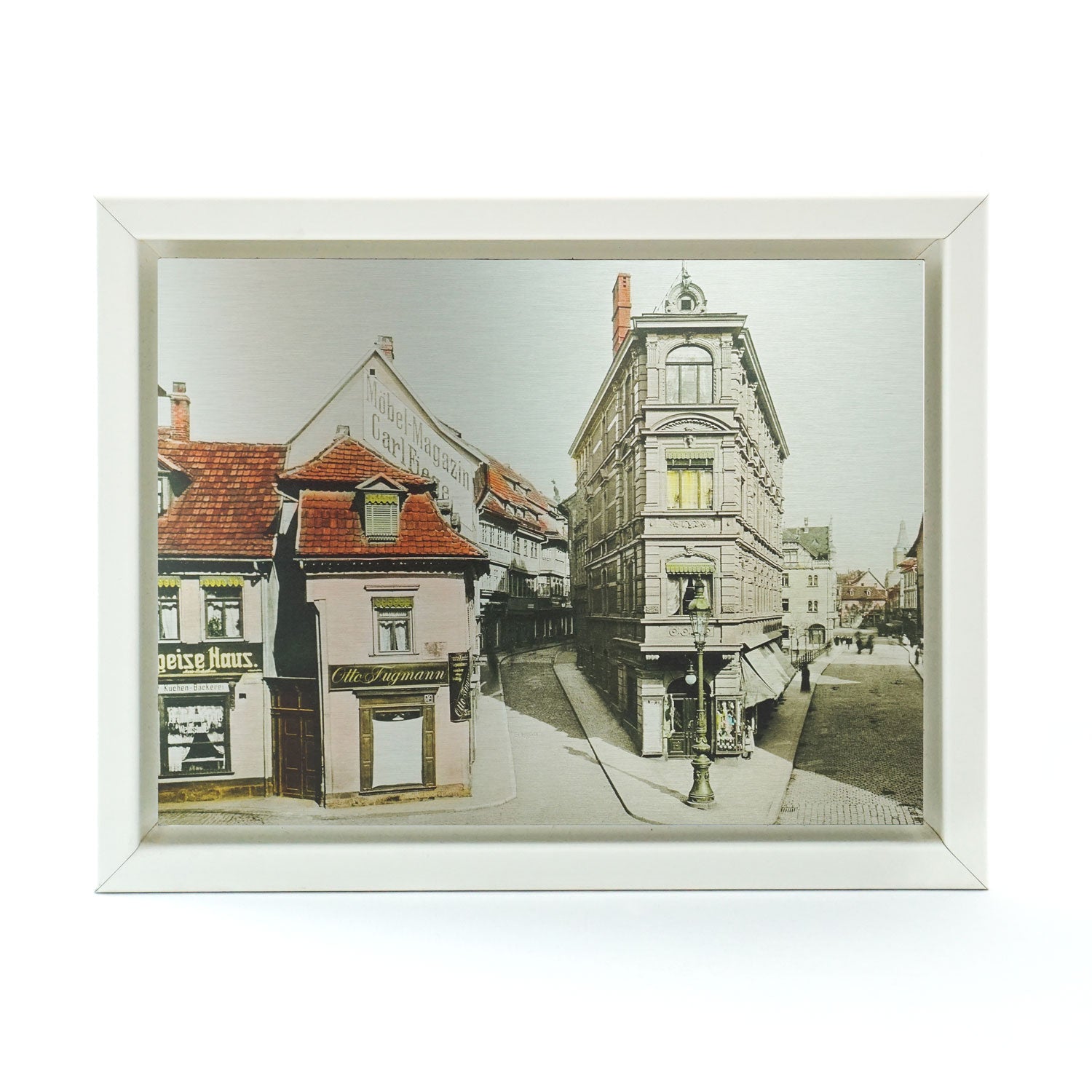 Wandbild aus gebürstetem Metall Benediktsplatz Erfurt 30cm x 40cm mit weißem Rahmen