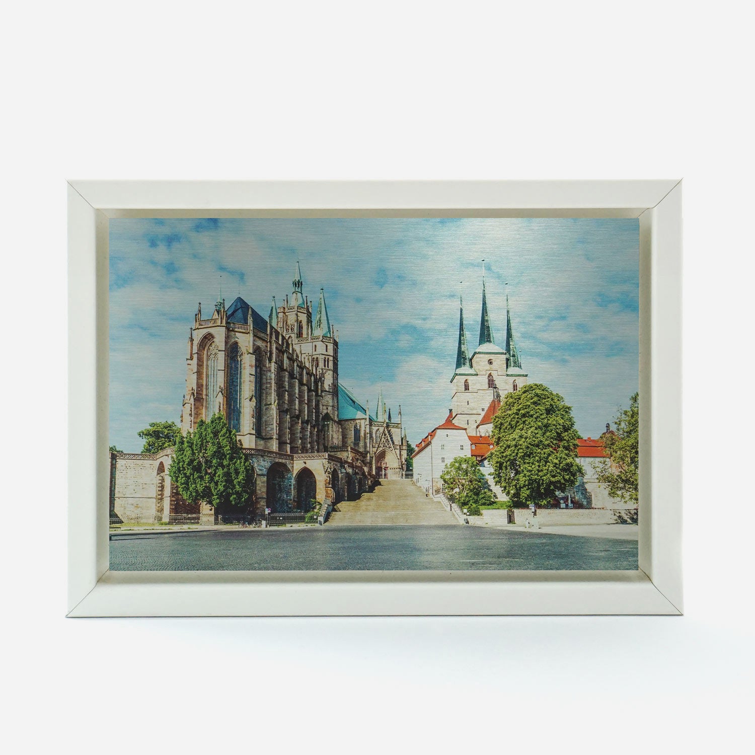 Metallenes Wandbild Dom und St. Severi in Erfurt 13cm x 18cm in weißem Rahmen
