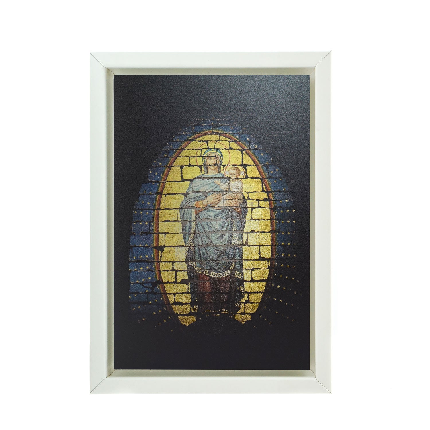 Metall Wandbild Marienmosaik 13cm x 18cm in weißem Rahmen