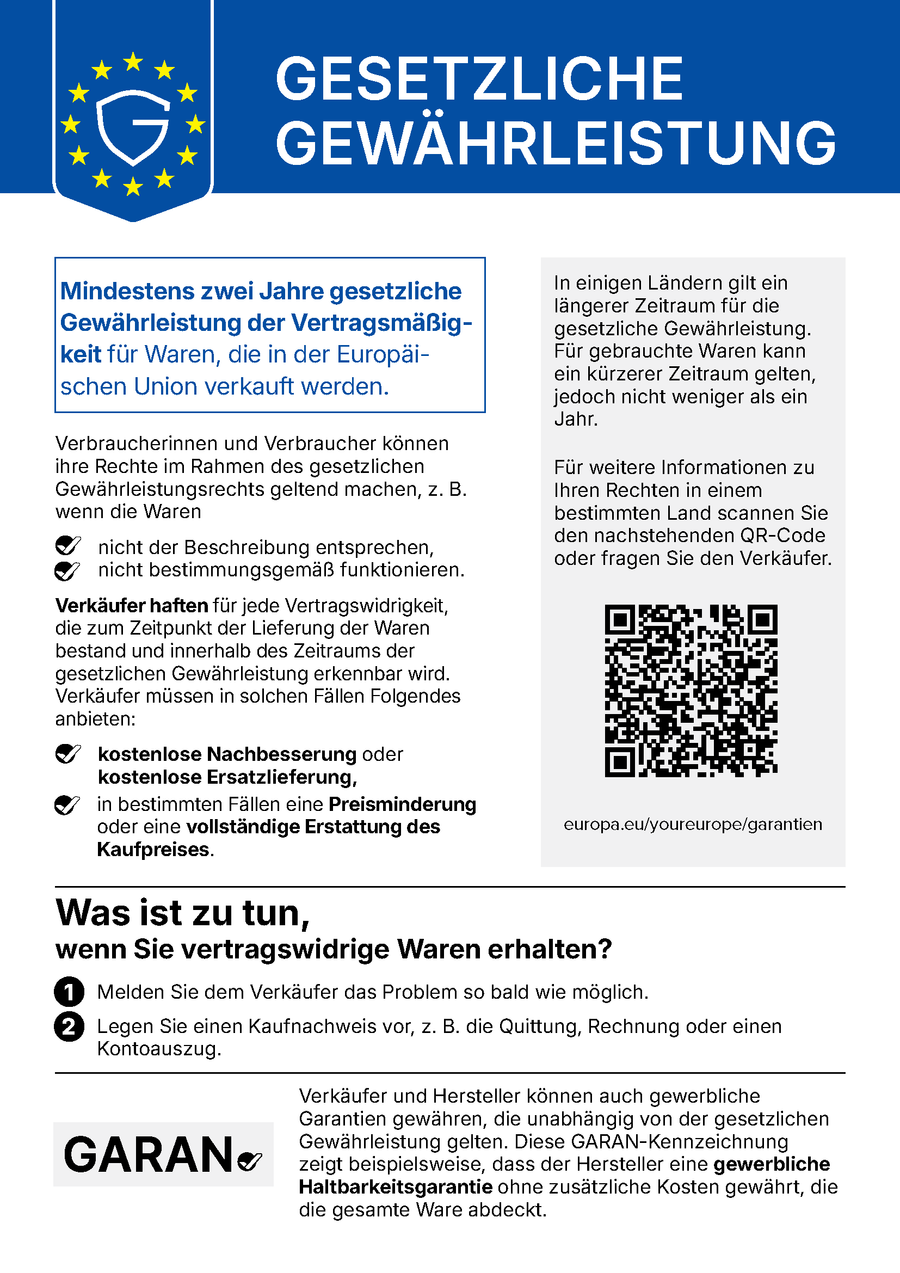 Gesetzliche Gewaehrleistung: Mindestens zwei Jahre gesetzliche Gewaehrleistung der Vertragsmaessigkeit fuer Waren, die in der Europaeischen Union verkauft werden. Harmonisierte EU-Mitteilung.