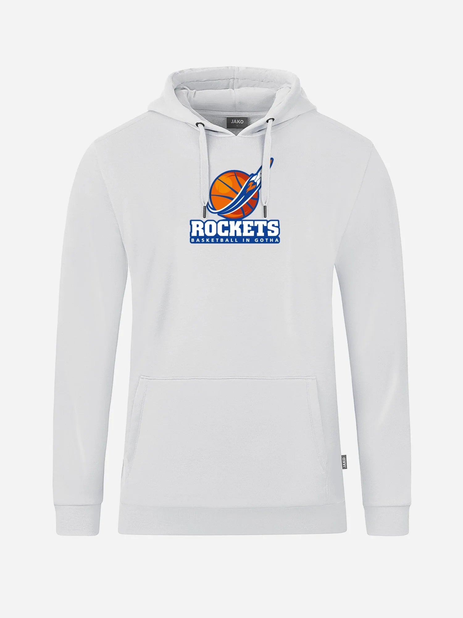 Weißer Unisex Hoodie LOGO der Basketball Rockets in Gotha mit farbigem Print
