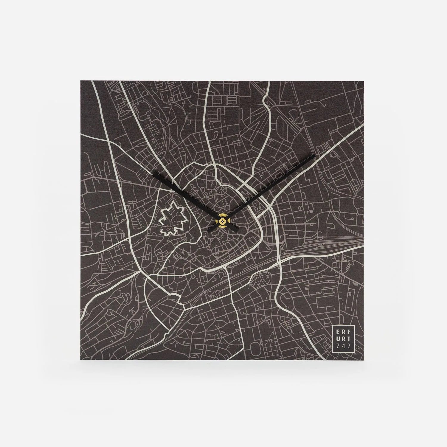Eckige Wanduhr 25x25cm mit automatischem Uhrwerk mit dem Stadtplan Erfurt in schwarz