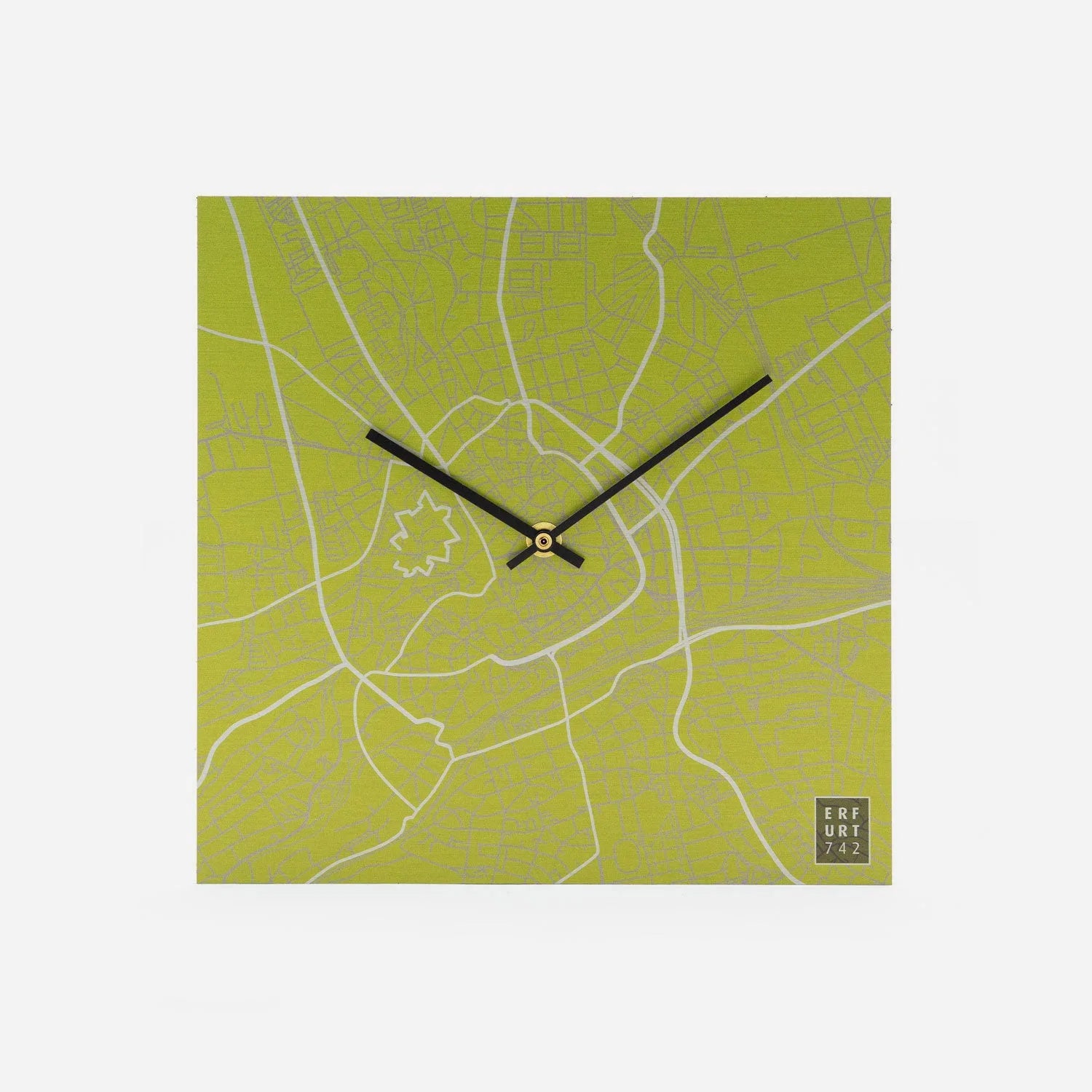 Detailansicht Wanduhr mit automatischem Uhrwerk eckig mit Stadtplan Erfurt in der Farbe Grün