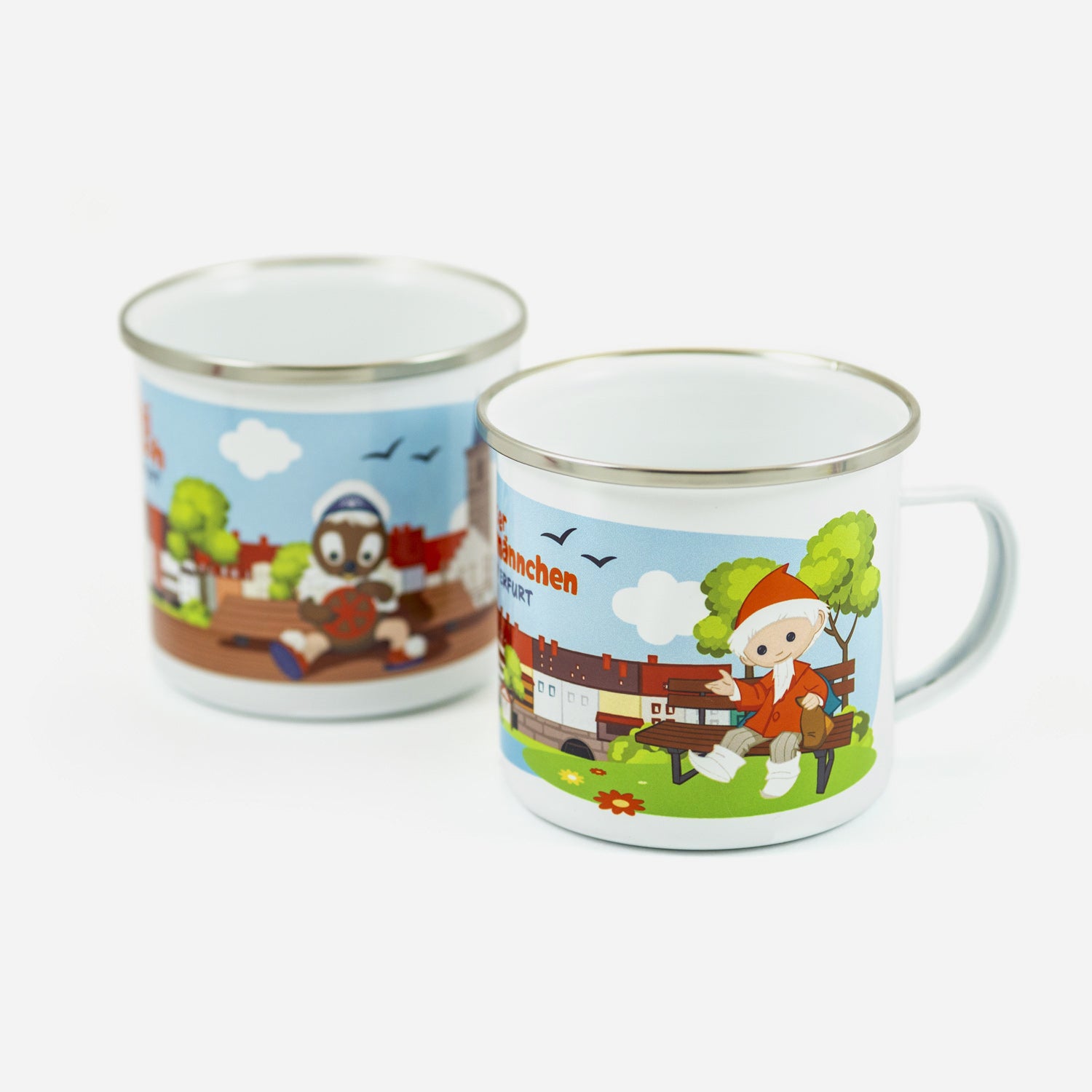 Emaille Tasse Unser Sandmännchen und Pittiplatsch in Erfurt an der Krämerbrücke