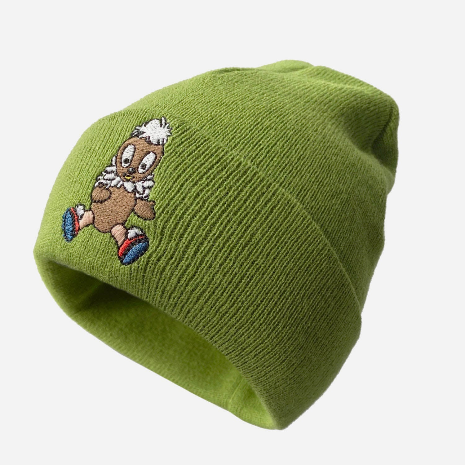 Warmer Beanie in grün mit Pittiplatsch Seitenansicht