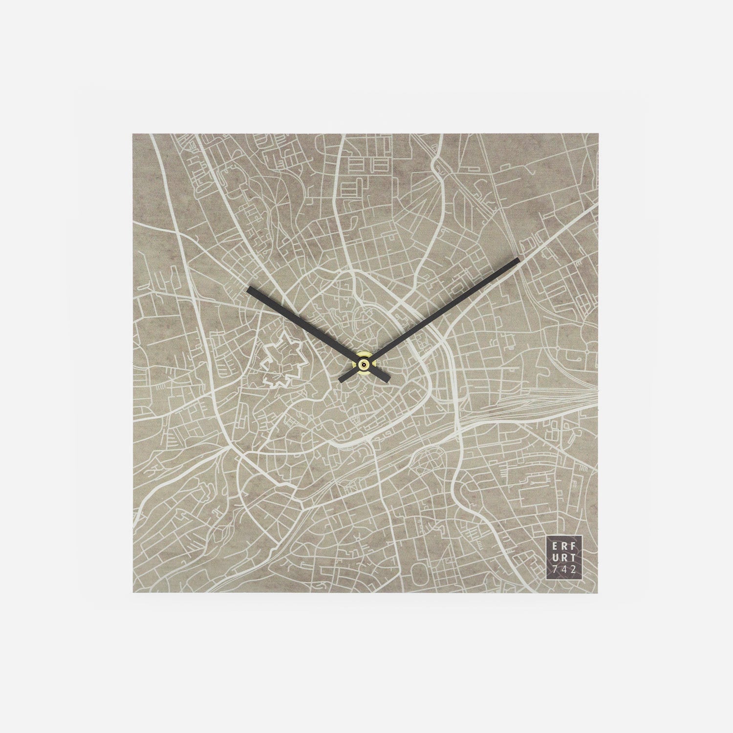 Stadtplan Erfurt als quadratische Wanduhr mit automatischem Uhrwerk in der Farbe Beton Detailansicht