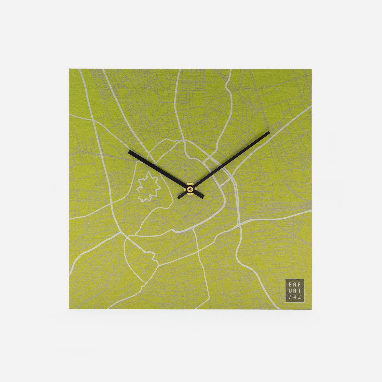 Detailansicht Wanduhr mit automatischem Uhrwerk eckig mit Stadtplan Erfurt in der Farbe Grün