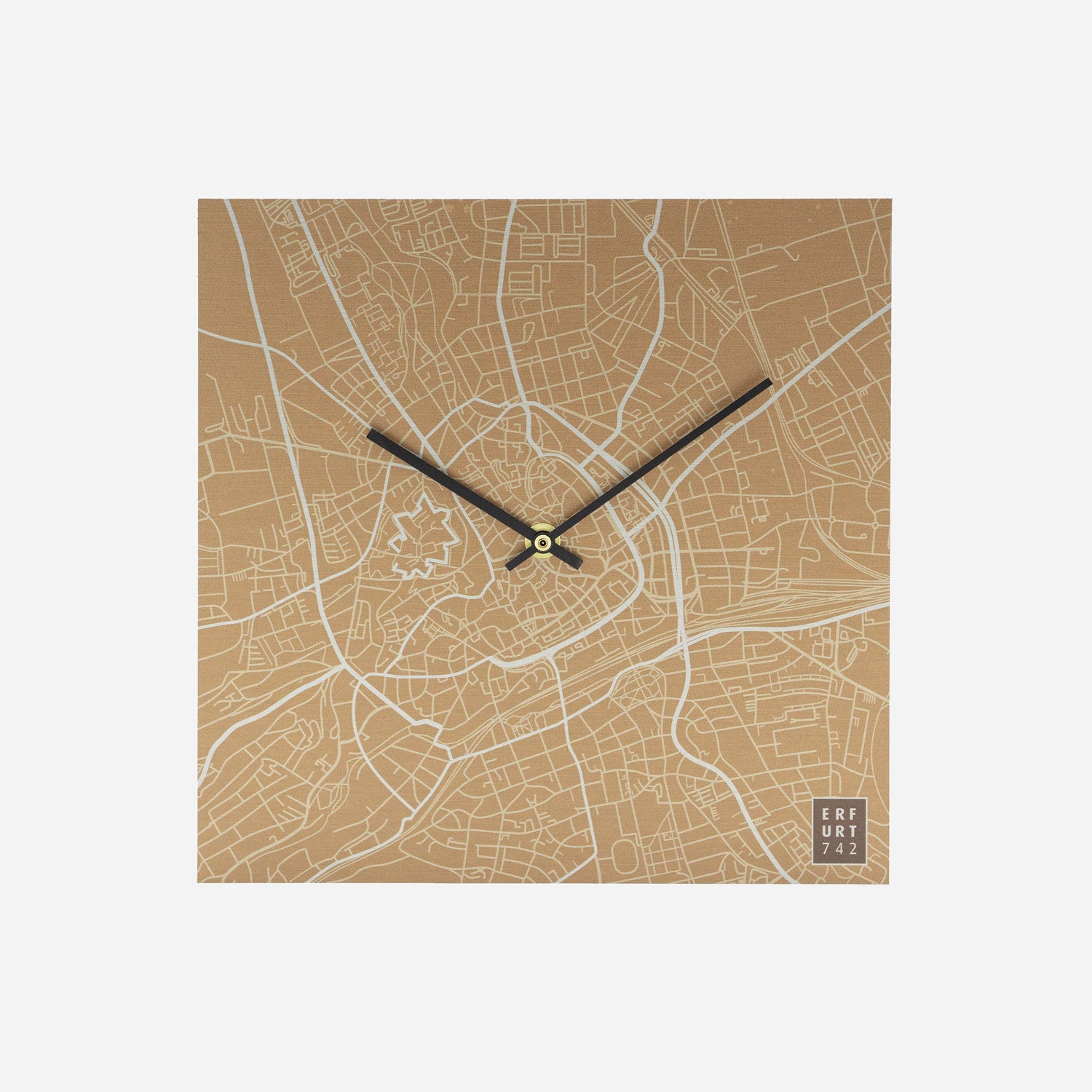 Wanduhr Stadtplan Erfurt 25x25cm mit automatischem Uhrwerk in der Farbe Kupfer Detailansicht