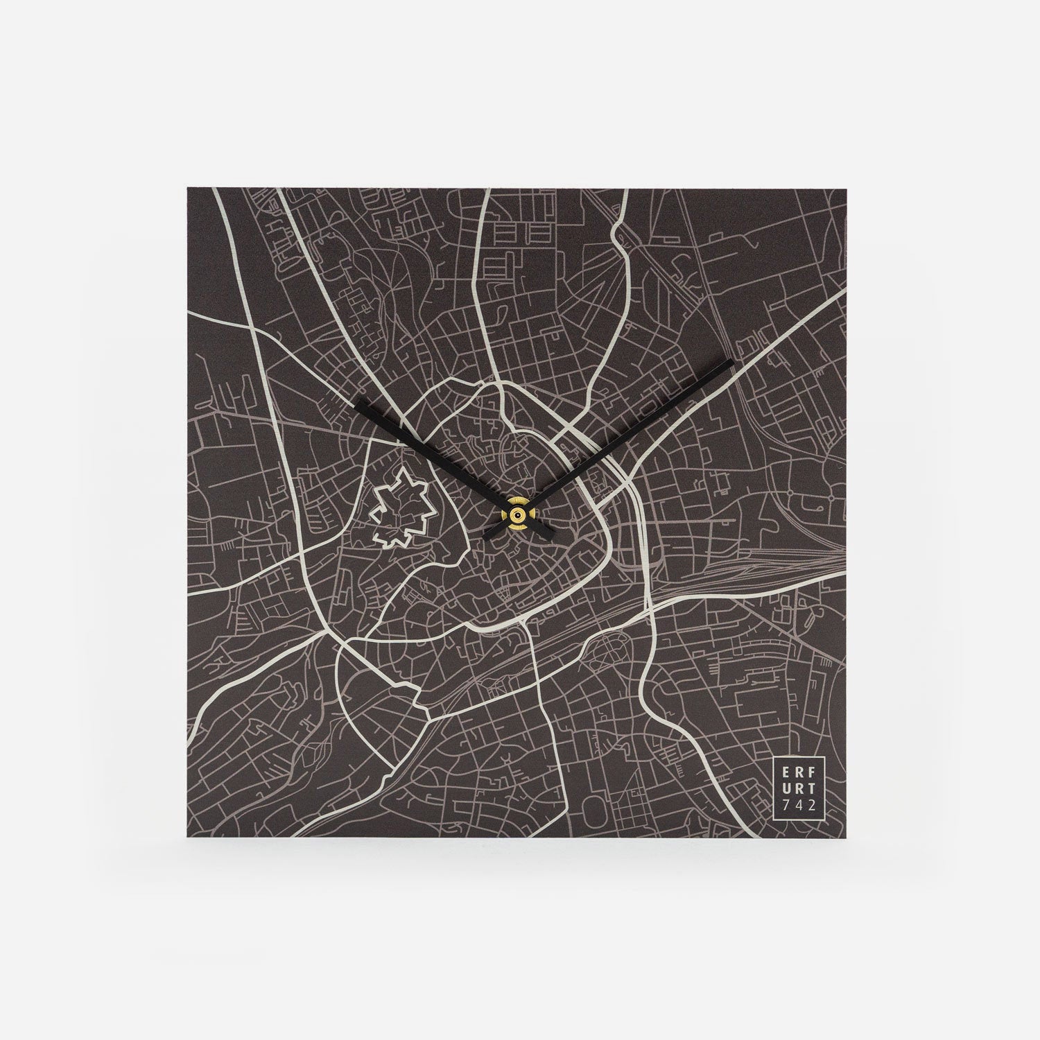 Eckige Wanduhr 25x25cm mit automatischem Uhrwerk mit dem Stadtplan Erfurt in schwarz